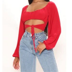 Red front tie crop top